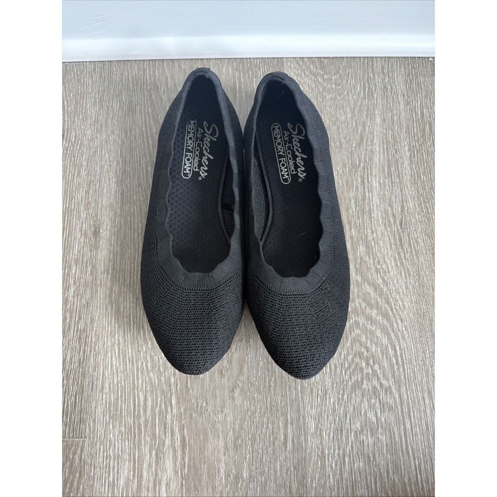 Skechers Sz8 Cleo 2.0 Love Spell Blk Slip On Flats Scalloped Ballet Memory Foam